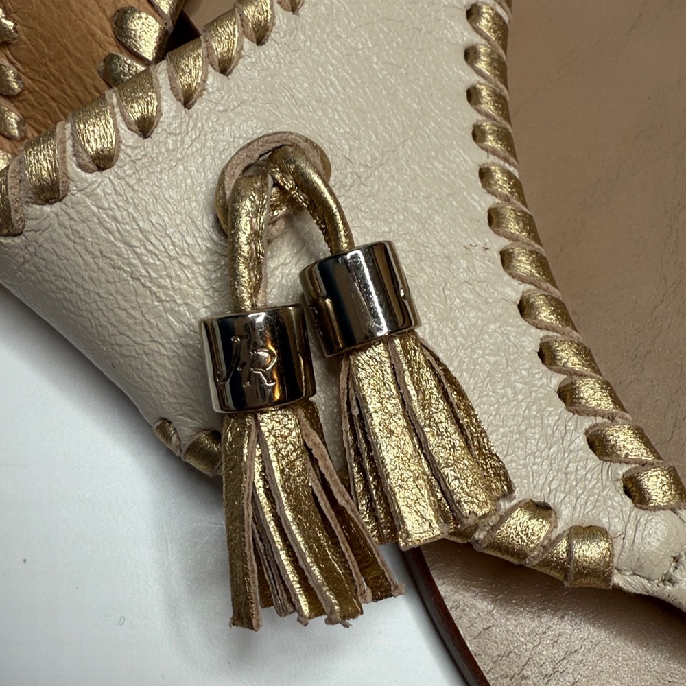 Jack Rogers Alana Tassel Thong Slip On Leather Sandal Bone & Gold S-435 Sz 8 - Picture 2 of 7